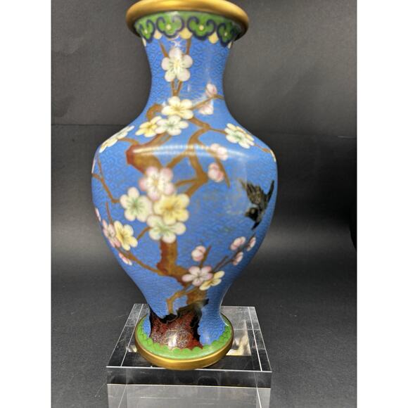 Vintage Chinese 8 1/4" BLUE CLOISONNE VASE Enamel Brass Cherry Blossom w/Bird - Picture 6 of 16